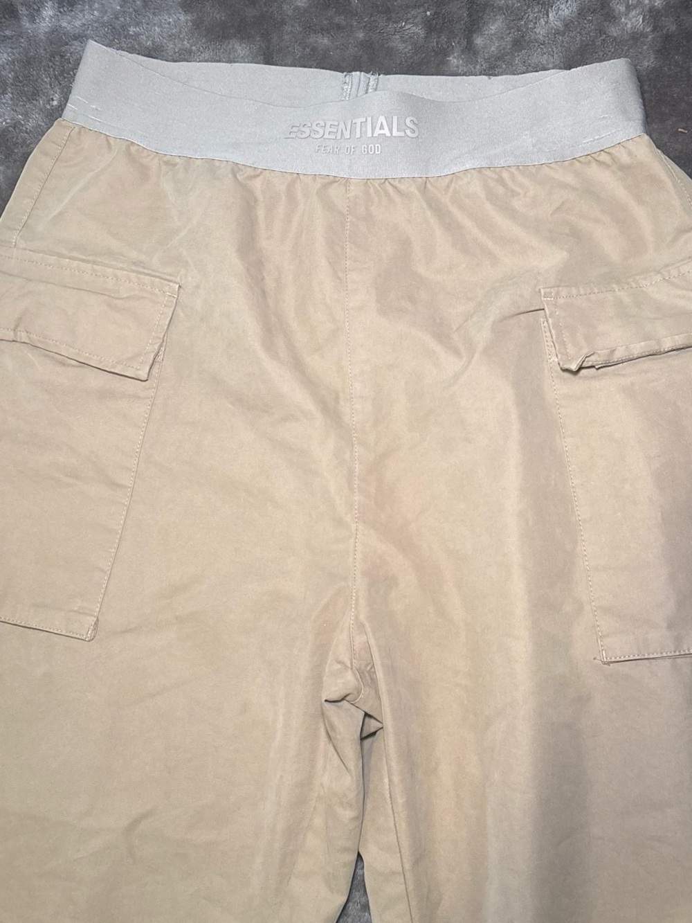 Fear of God Essentials Men’s Cargo Pants in Beige with Light Gray Waistband